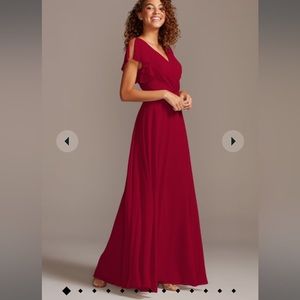 David’s Bridal Apple Red Dress with flutter sleeves and full gown for bridesmaid